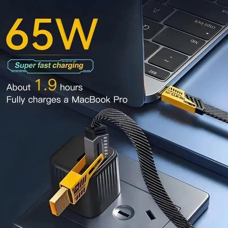 Laptop with a charging cable and adapter, highlighting 65W super fast charging capability.