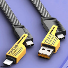 Two USB cables with braided design on a purple background