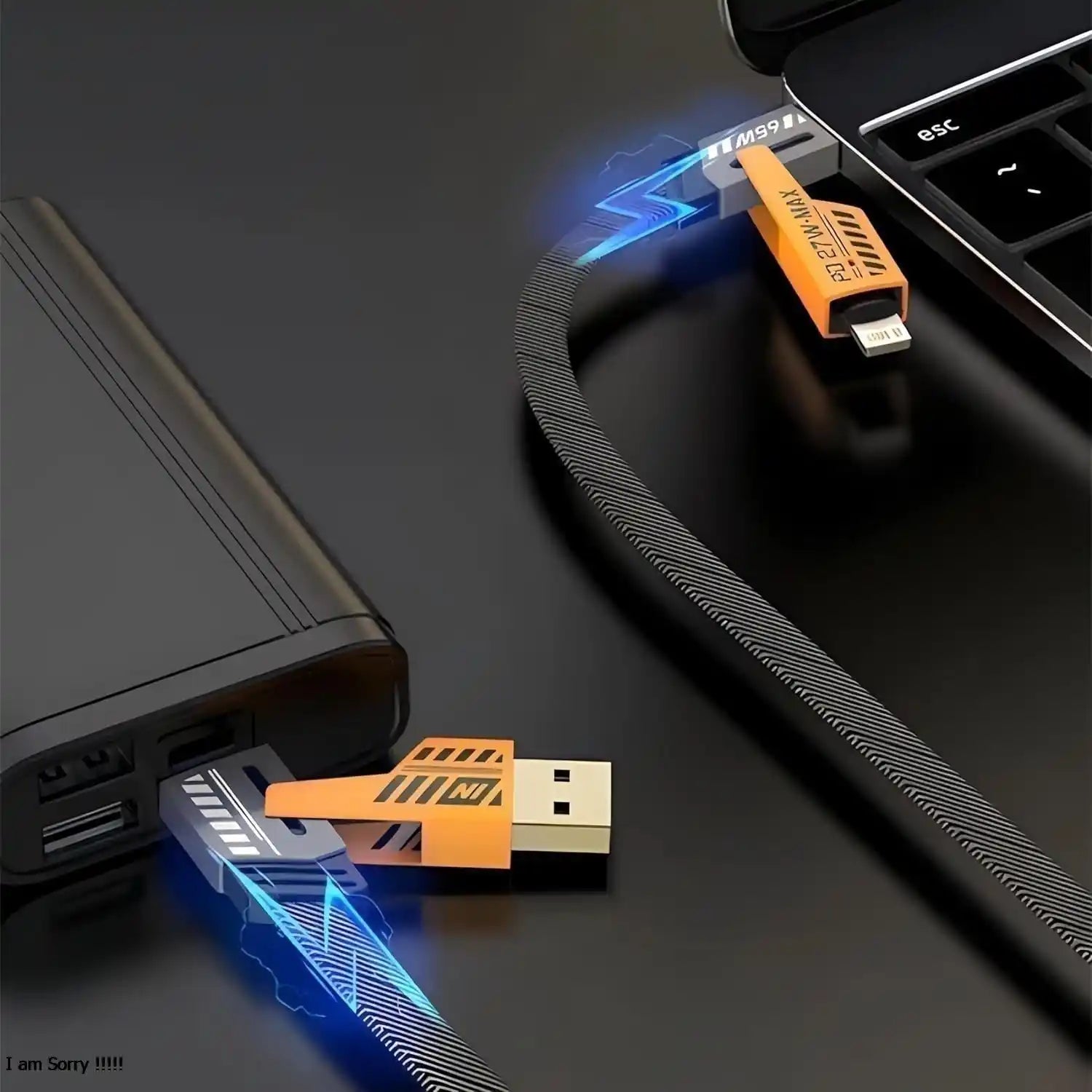 USB cable and connectors on a dark surface with a laptop in the background