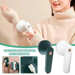 Electric lint remover being used on a sweater with product details displayed