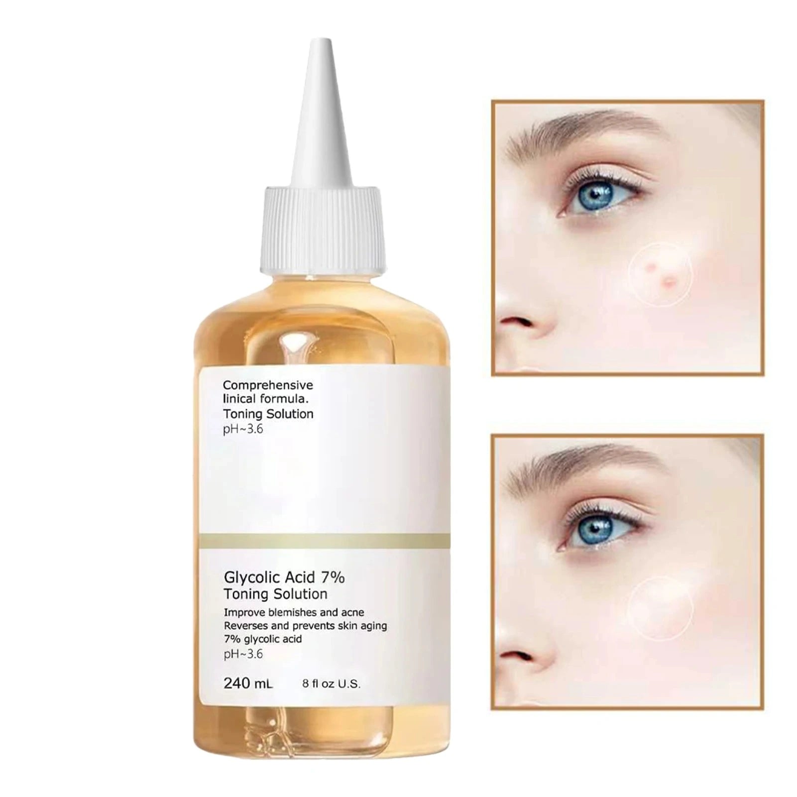 Bottle of Glycolic Acid 7% Toning Solution with close-up images of eyes on a white background