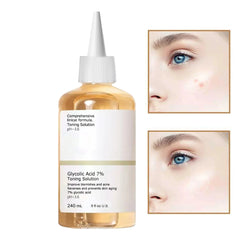Bottle of Glycolic Acid 7% Toning Solution with close-up images of eyes on a white background