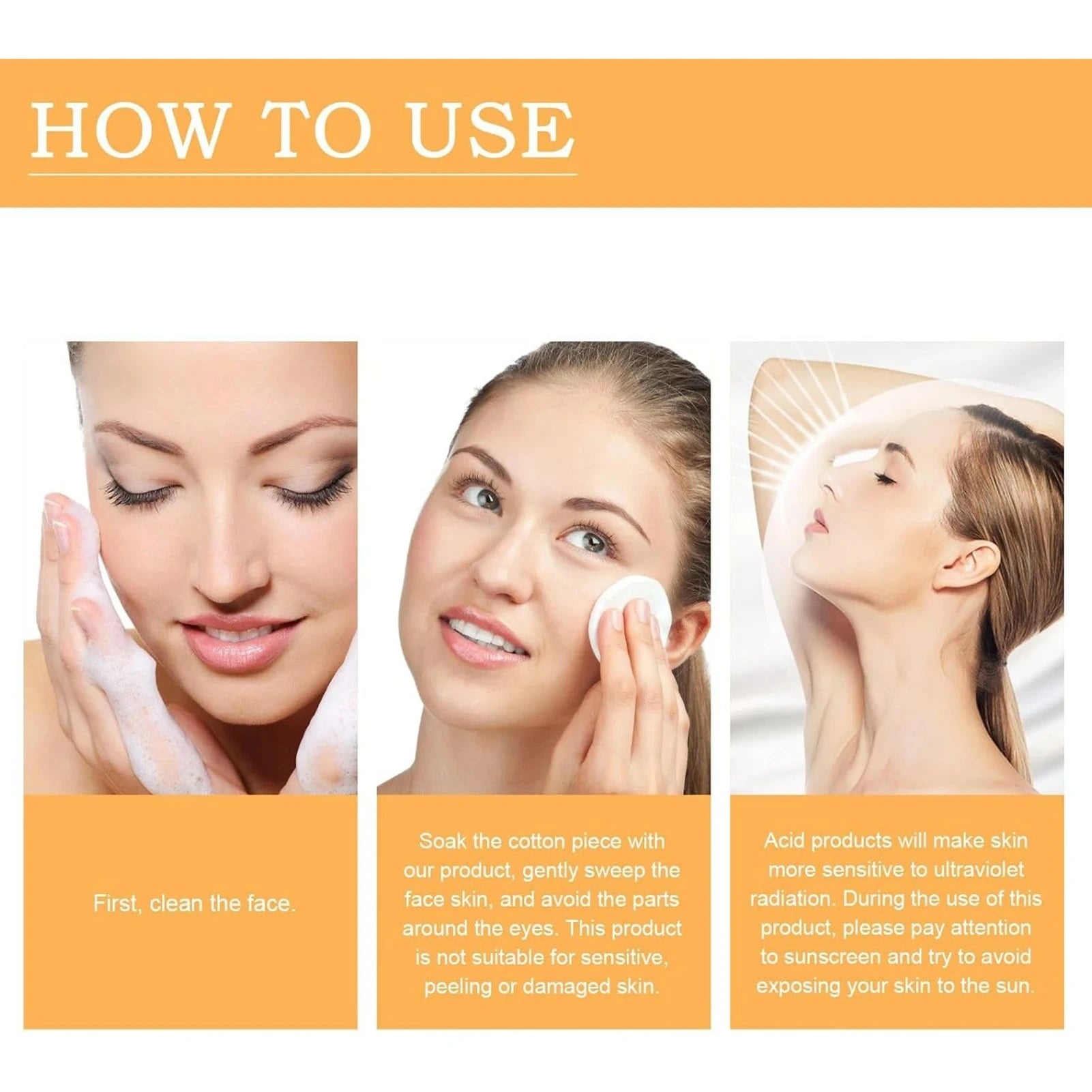 Instructions on how to use a facial product with three steps shown