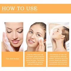 Instructions on how to use a facial product with three steps shown