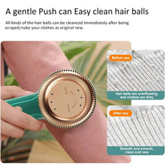 Hair ball removal tool with before and after usage illustration on a white background