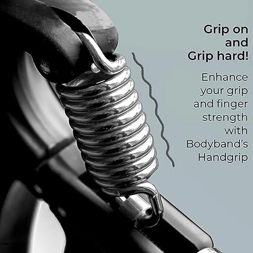 Handgrip with text promoting product for grip and finger strength on a light gray background