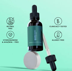 Skincare dropper bottle with Markaway label on a light green background