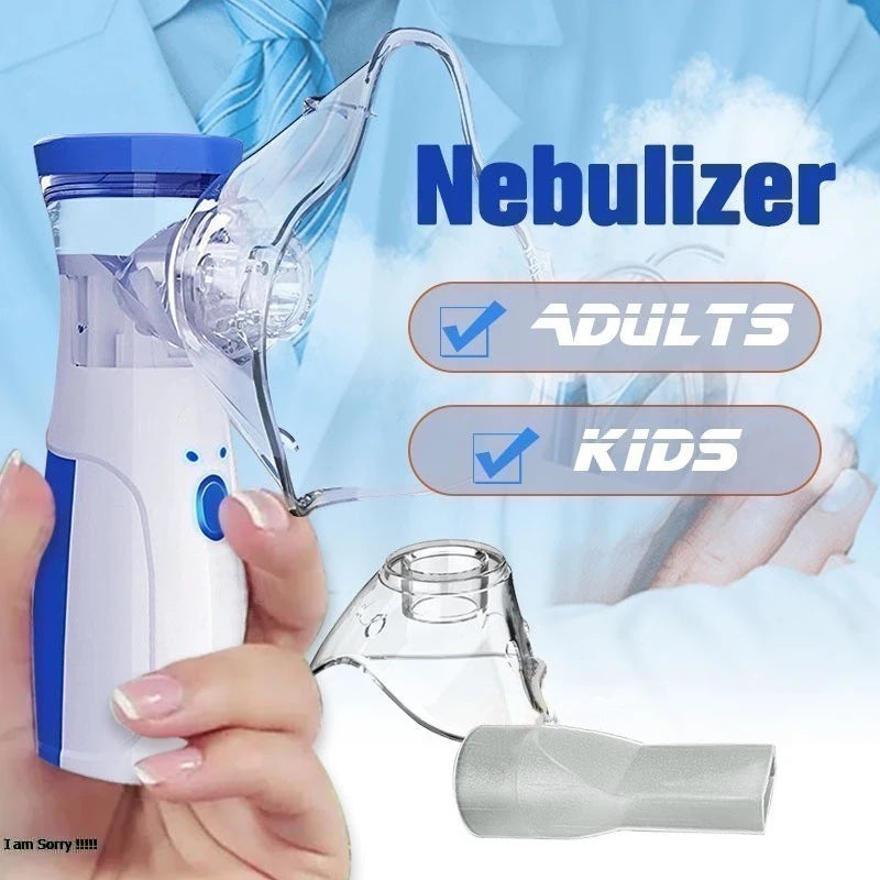 Nebulizer device held by a hand with text indicating it is suitable for adults and kids.