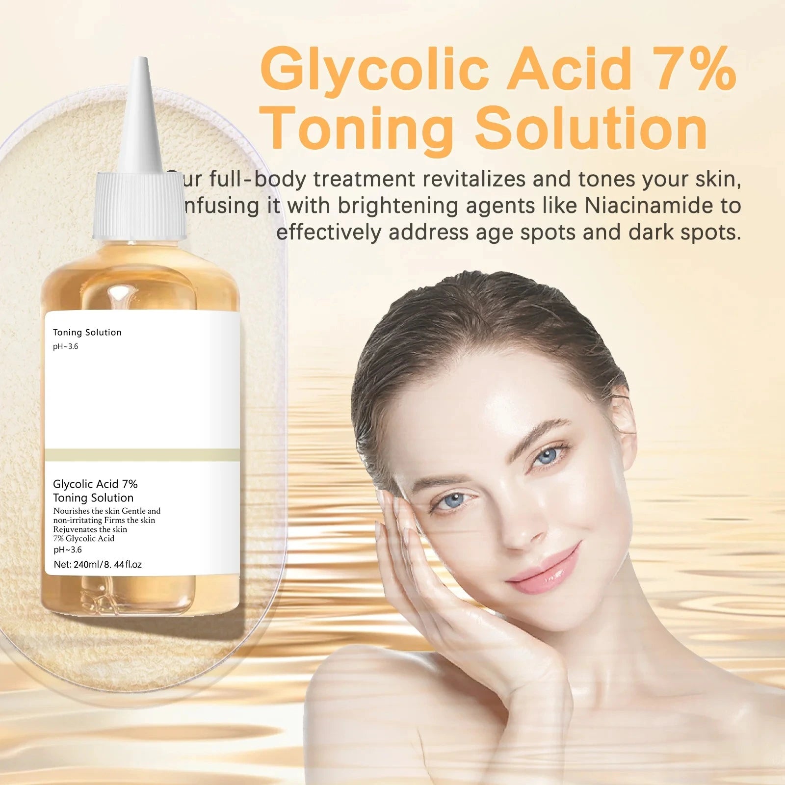Glycolic Acid 7% Toning Solution bottle with a woman's face on a beige background