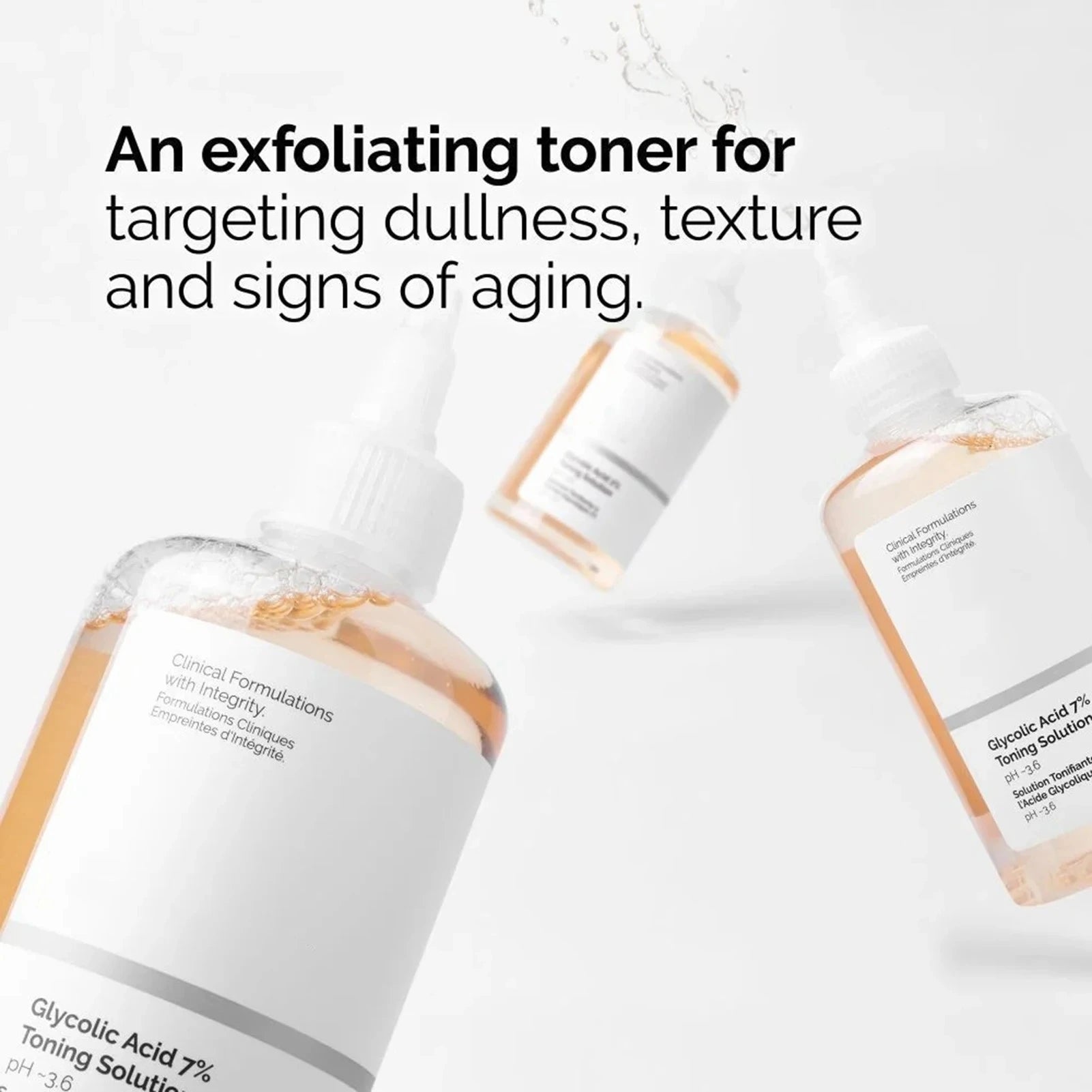 Exfoliating toner bottles with text on a light background