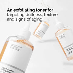 Exfoliating toner bottles with text on a light background