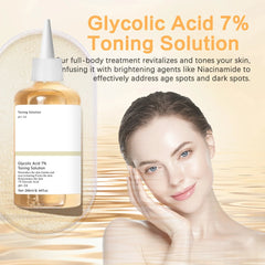 Glycolic Acid 7% Toning Solution bottle with a woman's face on a beige background