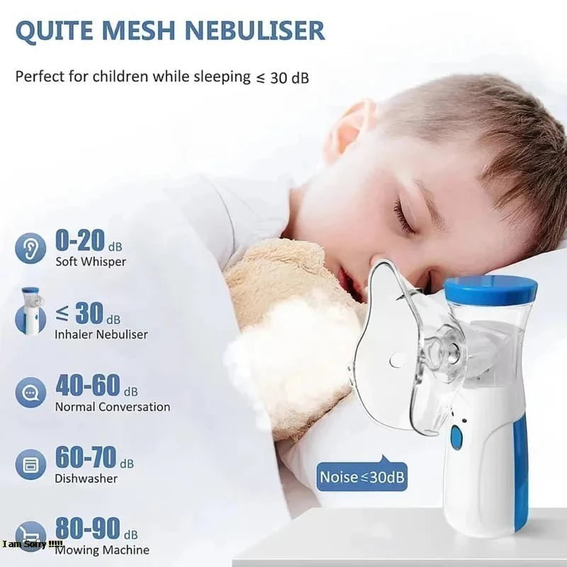 Child sleeping with a quite mesh nebulizer and noise level chart.