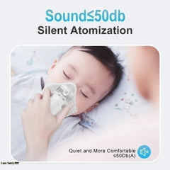 Baby sleeping with a device on face, text about silent atomization and noise level.