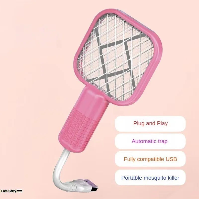Pink mosquito racket with grid design on a pink background, featuring text about its features.