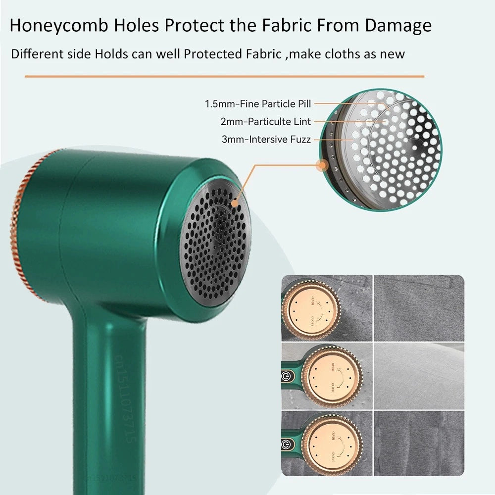 Green fabric shaver with honeycomb design and text explaining its features on a white background.