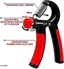 Hand grip trainer with labeled features on a white background