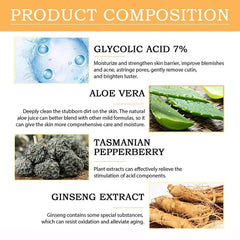 Product composition with images and descriptions of glycolic acid, aloe vera, Tasmanian pepperberry, and ginseng extract.
