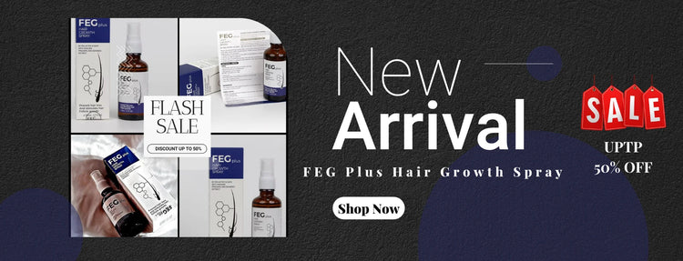 Advertisement for FEG Plus Hair Growth Spray with product images and sale details on a dark background.