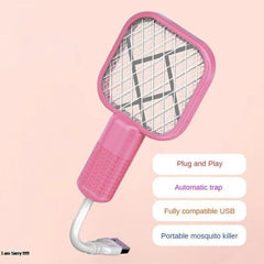 Pink mosquito racket with grid design on a pink background, featuring text about its features.