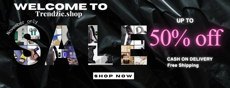 Promotional banner for Trendzie.shop with sale text and images on a dark background

