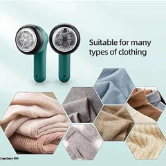 Two green fabric shaver devices with text 'Suitable for many types of clothing' and images of clothes below on a light blue background.