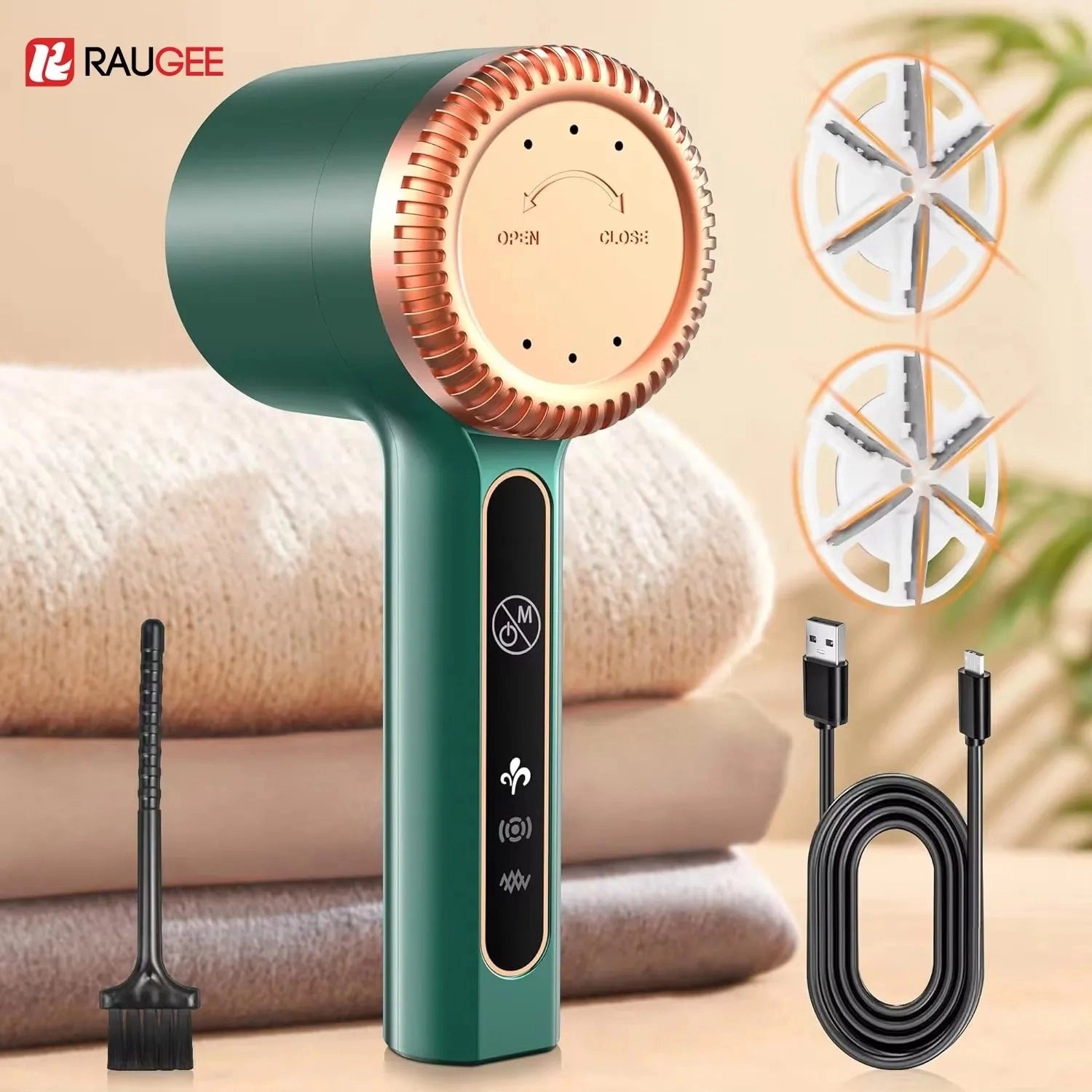 Green handheld device with attachments and cable on a beige background, featuring RAUCEE branding.