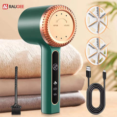 Green handheld device with attachments and cable on a beige background, featuring RAUCEE branding.